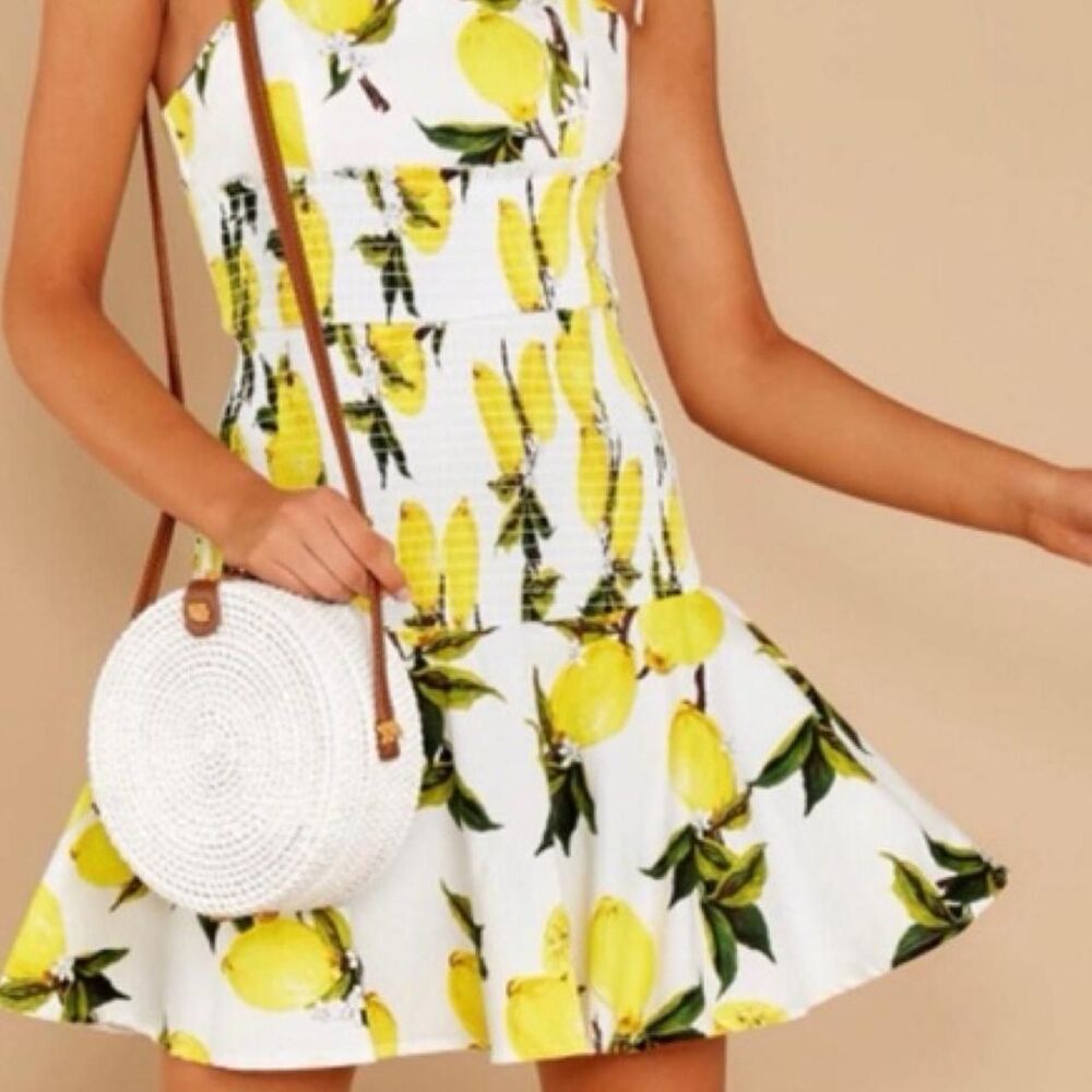 English Factory Lemon Print Mini Dress Size XS Yellow Floral Summer